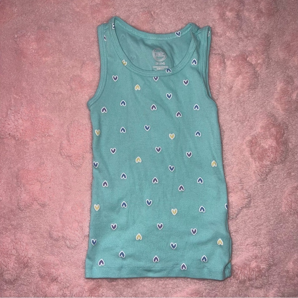 Wonder Nation Girls Size XS 4/5 Teal Blue Sleeveless Heart Casual Tank Top